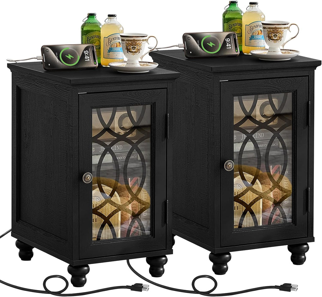 Joaxswe Narrow Side Table with Charging Station Set of 2, Night Stand with Glass Door,Bedside End Tables with Adjustable Shelf Storage Cabinet,Wood Nightstand for Small Spaces Living Room Bedroom