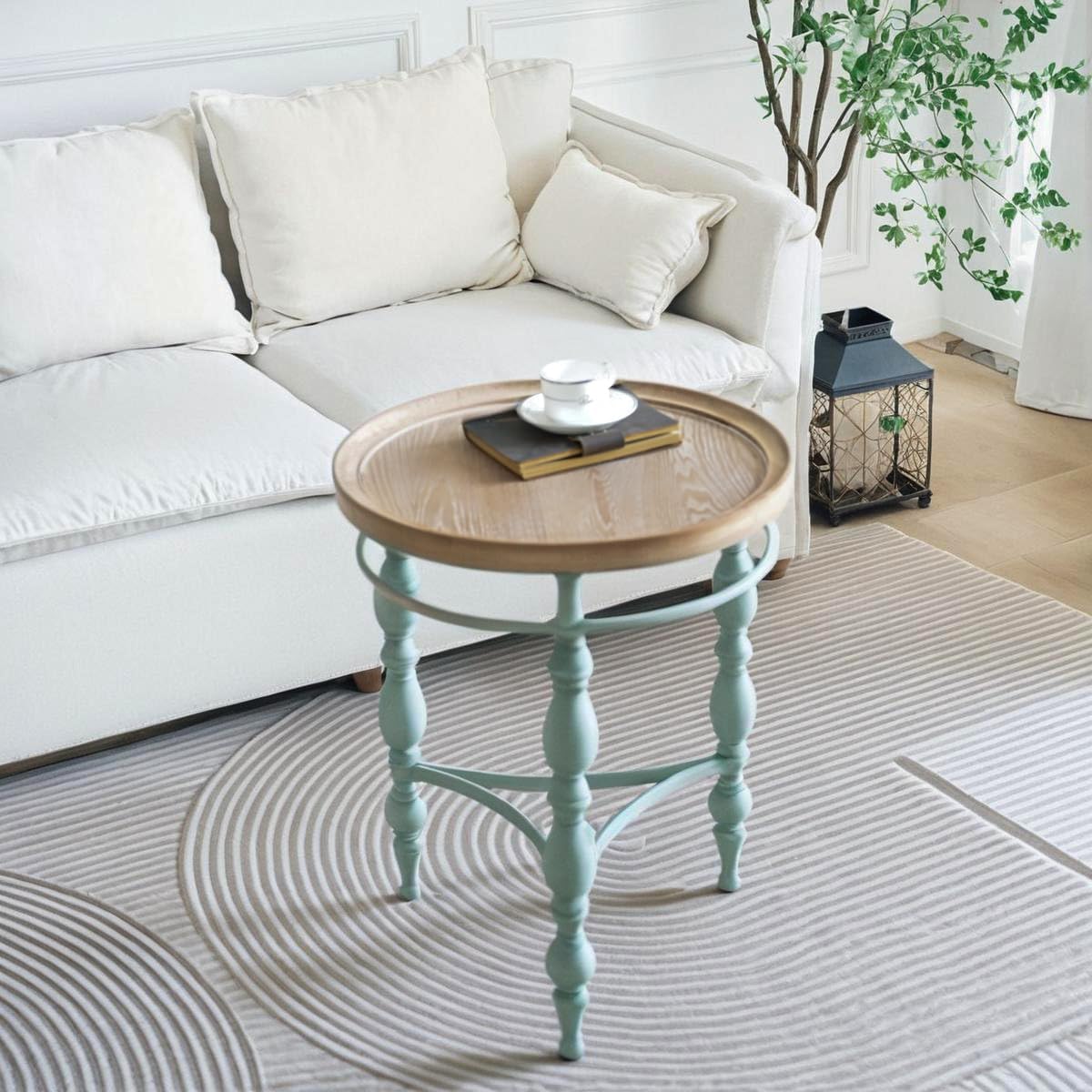 Rustic Farmhouse Round End Table, French Country Vintage Side Table,φ20.1'' x 23.6''H Rustic Solid Wood with Vintage Iron Legs, for Living Room, Bedroom, Small Spaces,Nature White