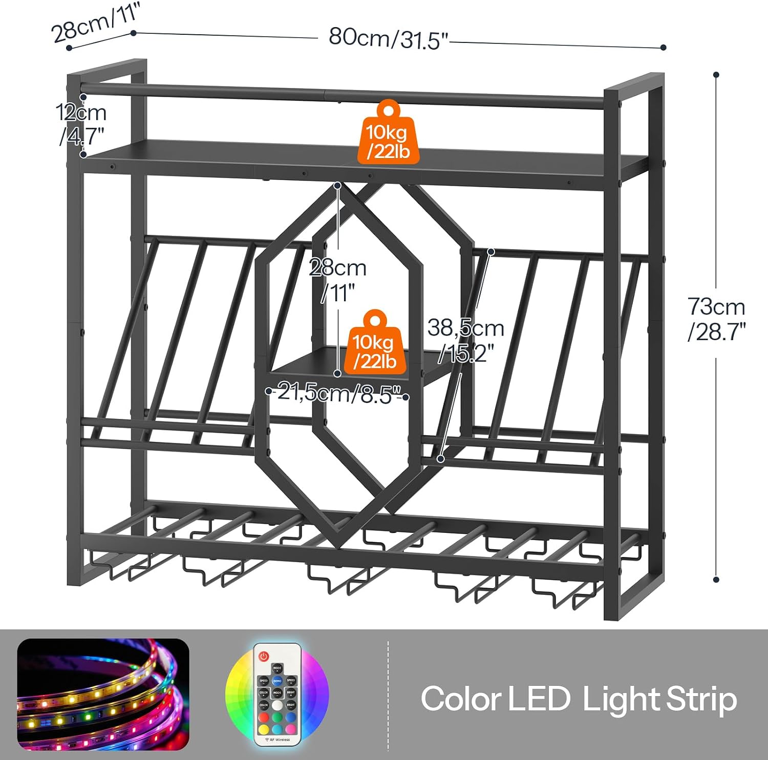HOOBRO Wall Mounted Wine Rack with LED Light, 31.5" Wine Shelf, 3 Tier Wine Bottle Display Shelf with Glass Holder, Hanging Bar Liquor Storage Rack, for Kitchen, Bar, Black BB73DBJ01