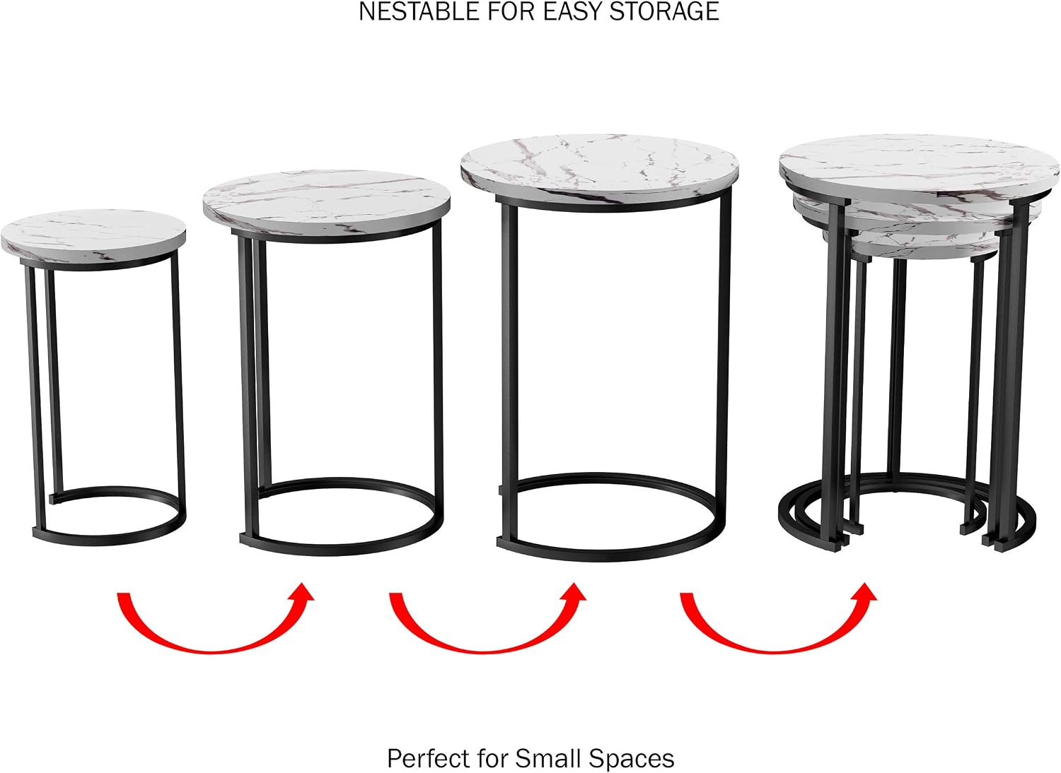 Lavish Home Round Nesting Tables Set of 3, Faux Marble Tabletop, White | 25”H / 22.5”H / 20.25”H Modern Side Tables, Space Saving Accent Table Set, for Living Room, Bedroom, Dorm or Home Office
