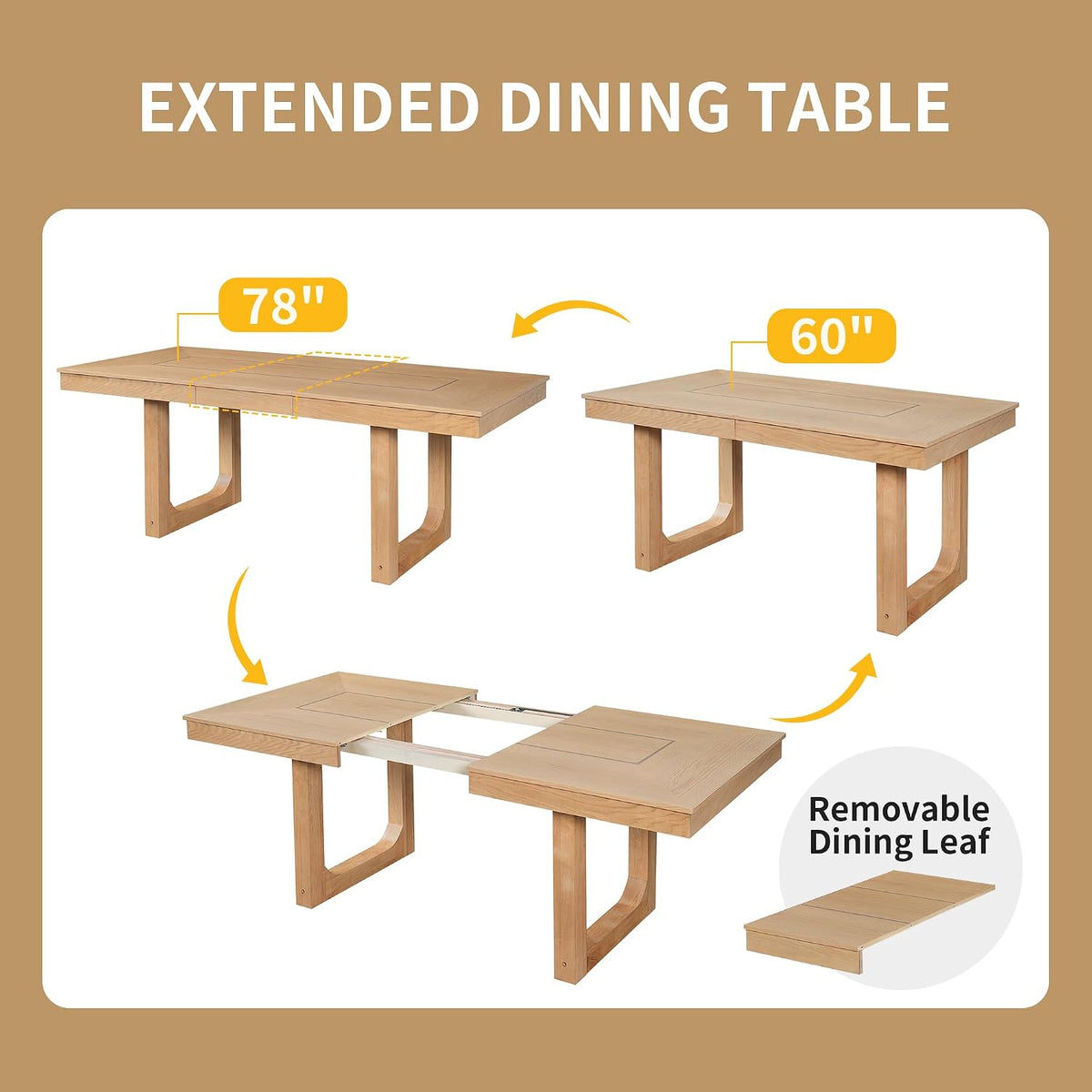 P PURLOVE 7 Piece Extendable Dining Table Set, Wooden Rustic Extendable Table with 18" Move Leaf and 6 piece Upholstered Chairs for Dining Room, Kitchen (Natural)
