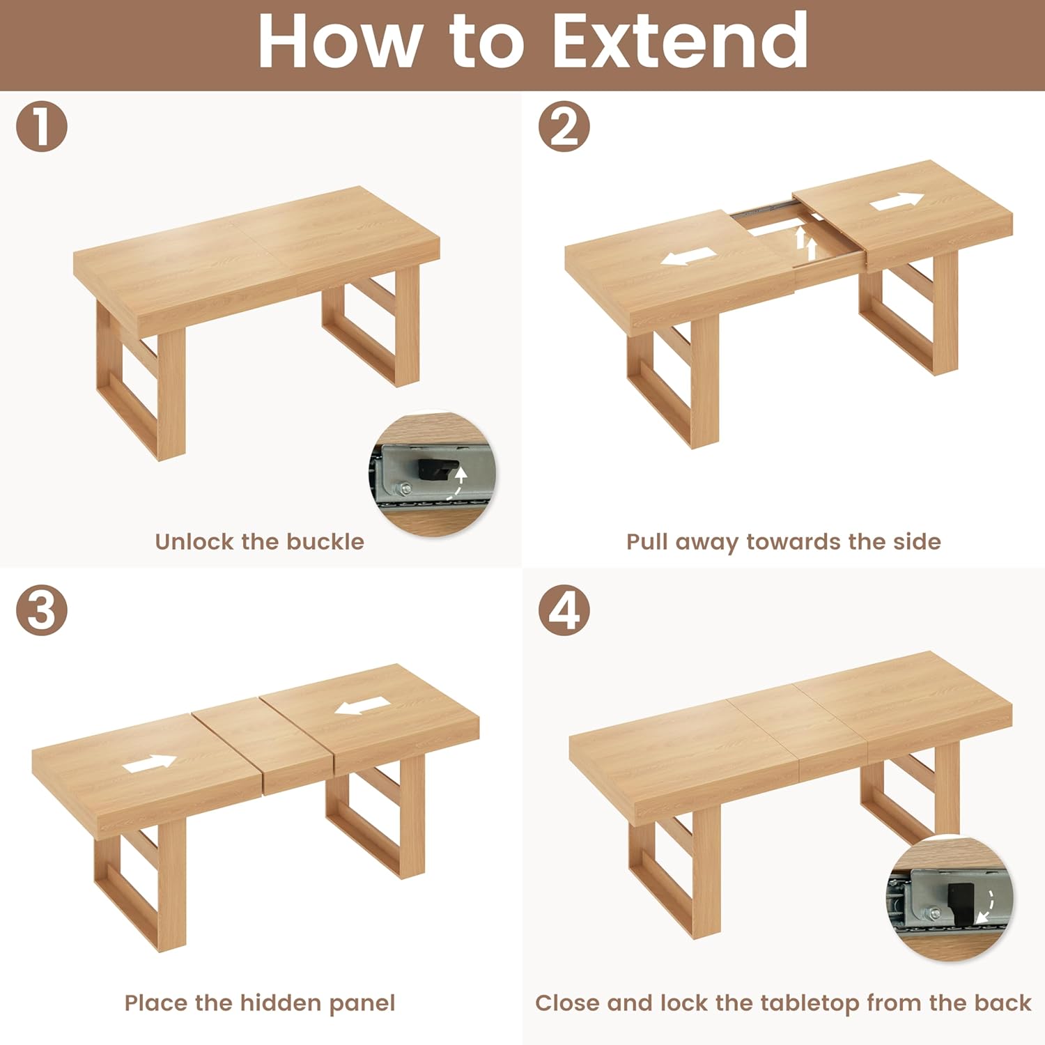 70.9" - 86.6" Extendable Dining Table for 8-10 Person, Modern Expandable Table with U-Shaped Wooden Legs, Dining Table for Dining Room, Kitchen, Living Room, Natural Oak