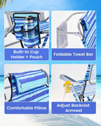 GVDV 2 Pack Backpack Beach Chairs for Adults, 14" Mid-Height Foldable Chair with Lay Flat Position, 4-Position Adjustable Reclining, Towel Bar, Zipper Pouch & Cup Holder, Blue Ocean