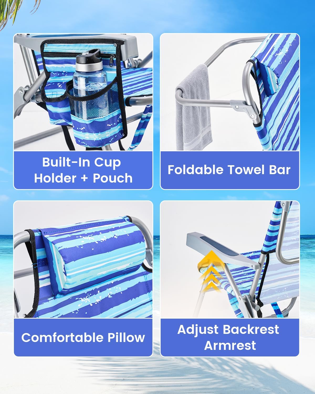 GVDV 2 Pack Backpack Beach Chairs for Adults, 14" Mid-Height Foldable Chair with Lay Flat Position, 4-Position Adjustable Reclining, Towel Bar, Zipper Pouch & Cup Holder, Blue Ocean