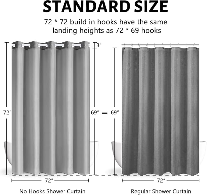 Furlinic No Hooks Needed Shower Curtain or Liner,Polyester Fabric Bathroom Curtains with 10 Split Grommets,Waterproof & Machine Washable,Light Grey,Standard Size,72x72 Inch