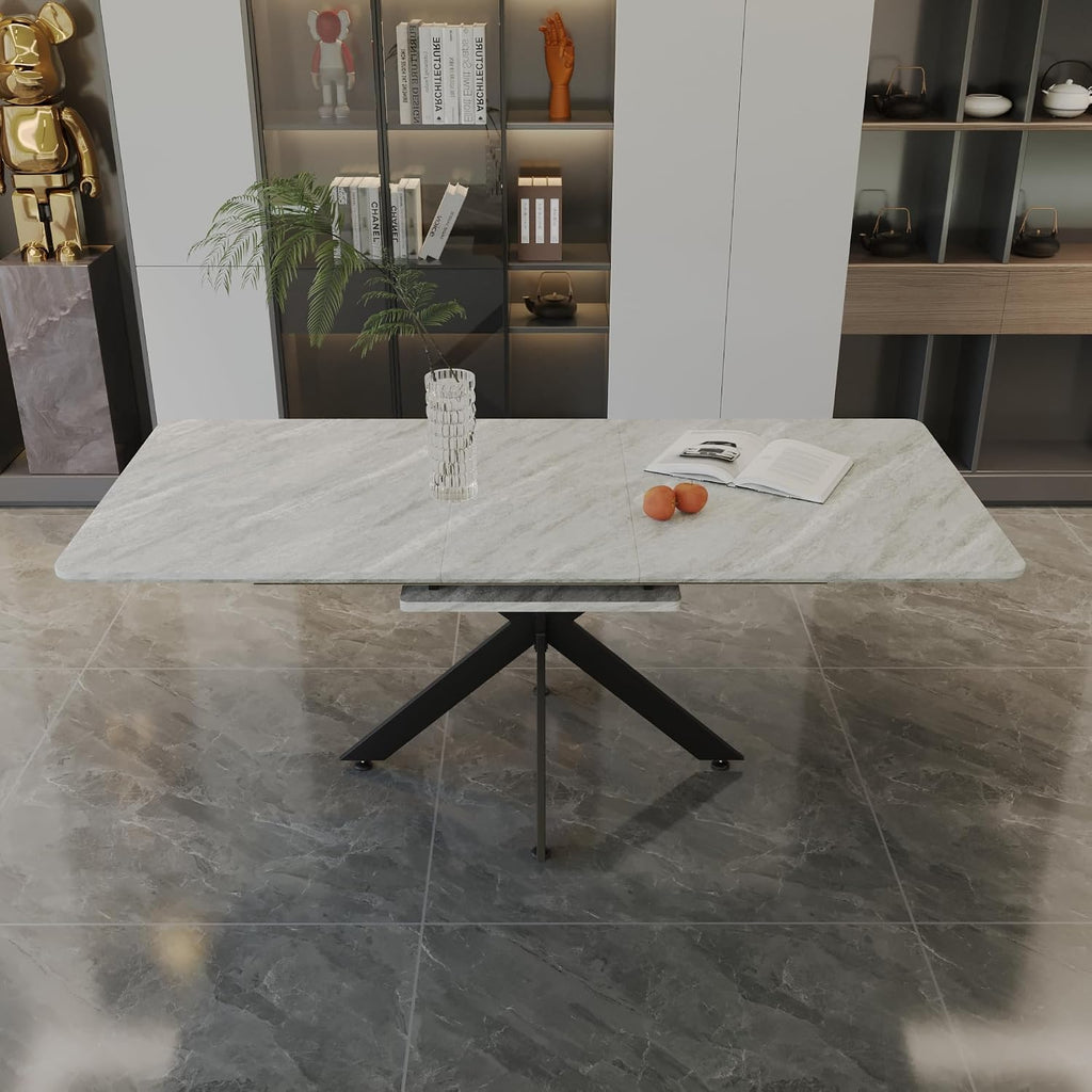 Extendable Dining Table, Modern Dining Table with Metal Leg, 62.4‘’-78.15‘’ Kitchen Table for 6-8 People, Space Saving Rectangular Kitchen Table for Office, Kitchen, Dining Room