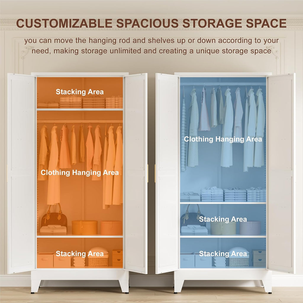 LCAOPC 71" Tall Metal Wardrobe Closet with Adjustable Shelves and Hanging Rod, 2 Doors Free Standing Armoire Wardrobe Cabinet for Bedroom, Office, Laundry Room, White