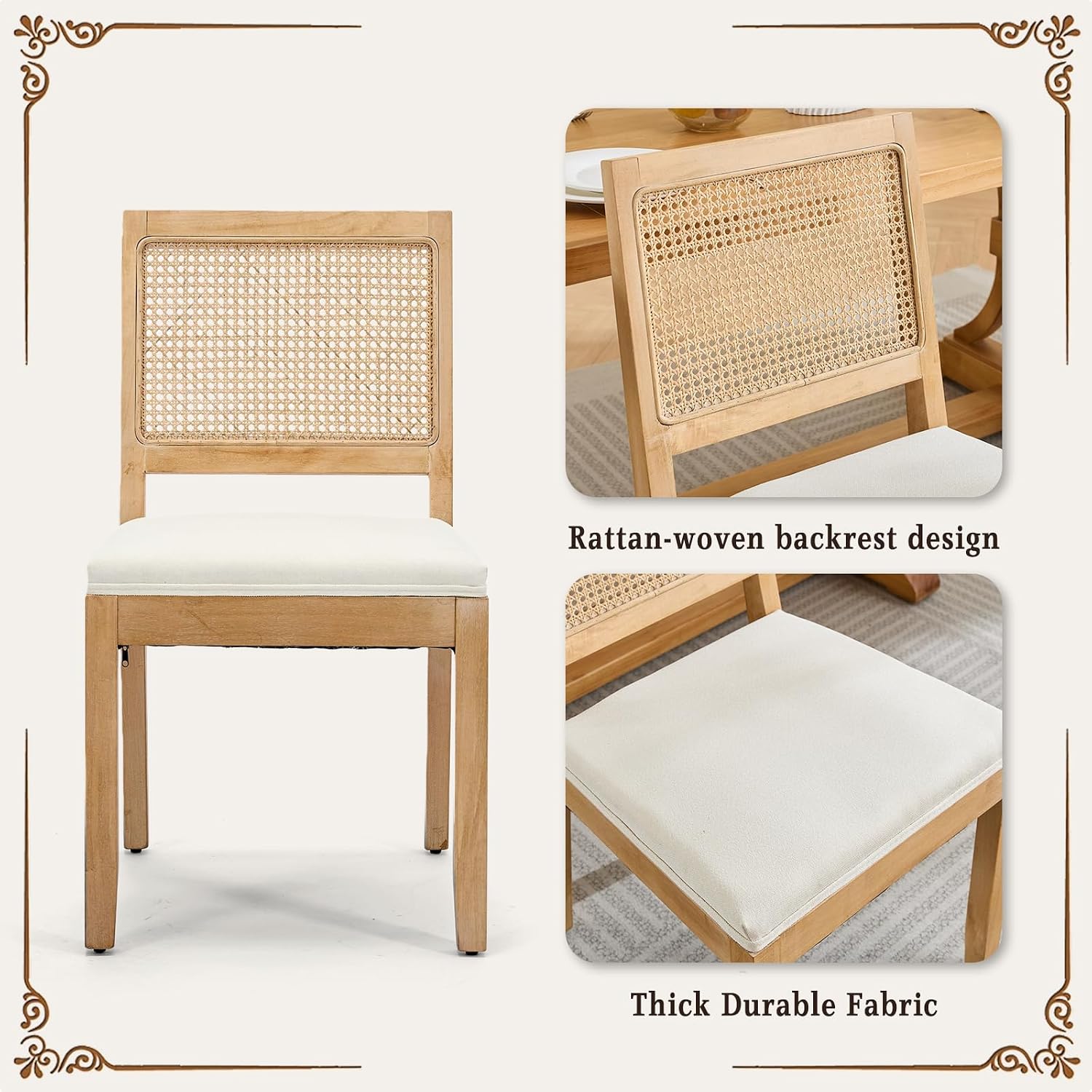 SoarFlash French Dining Chairs Set of 4, Vintage Louis Dining Chairs with Rattan Backrest, Wooden Framehouse Chairs for Living Room, Kitchen, Restaurant, Beige