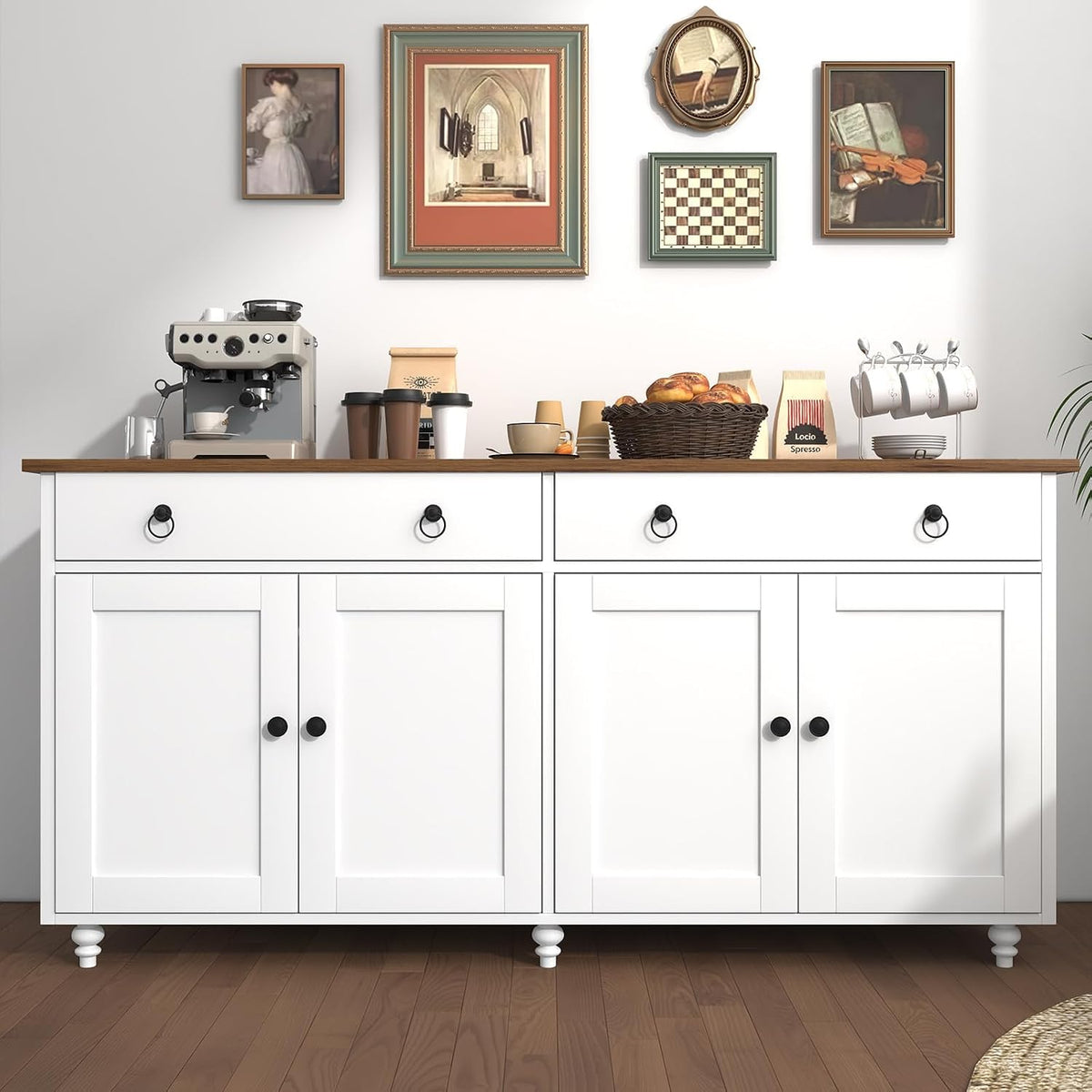 4 EVER WINNER Buffet Cabinet with Storage, 55'' Sideboard Buffet Cabinet with 2 Drawers, Coffee Bar Cabinet with 4 Doors, Kitchen Buffet Cabinet for Living Room, White