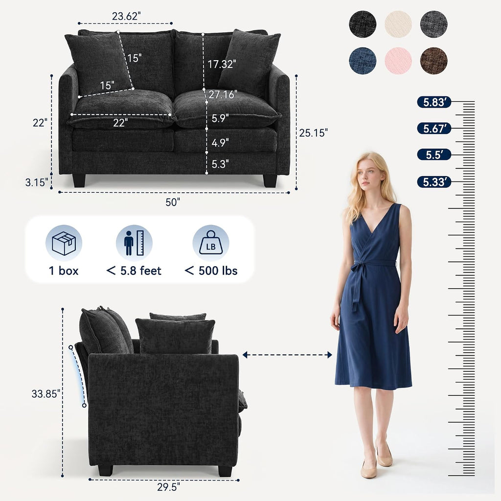 Loveseat Sofa Couch 2 Piece Set, Small Compact 50" Love Seat 27" Deep Cloud Sofa Set Washable Chenille Pillow Living Room Set for Apartment Office 50-Black-2+2