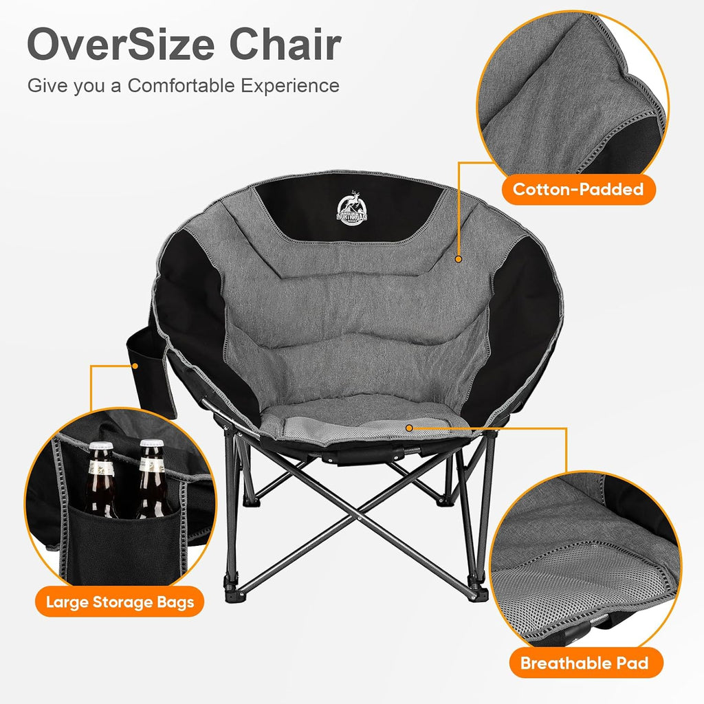 Northroad XXL Camping Moon Chair,Oversized Round Chair,Folding Padded Saucer w/Side Pocket,500lbs Capacity for Outdoor Hiking Fishing Picnic Lawn,Black&Grey