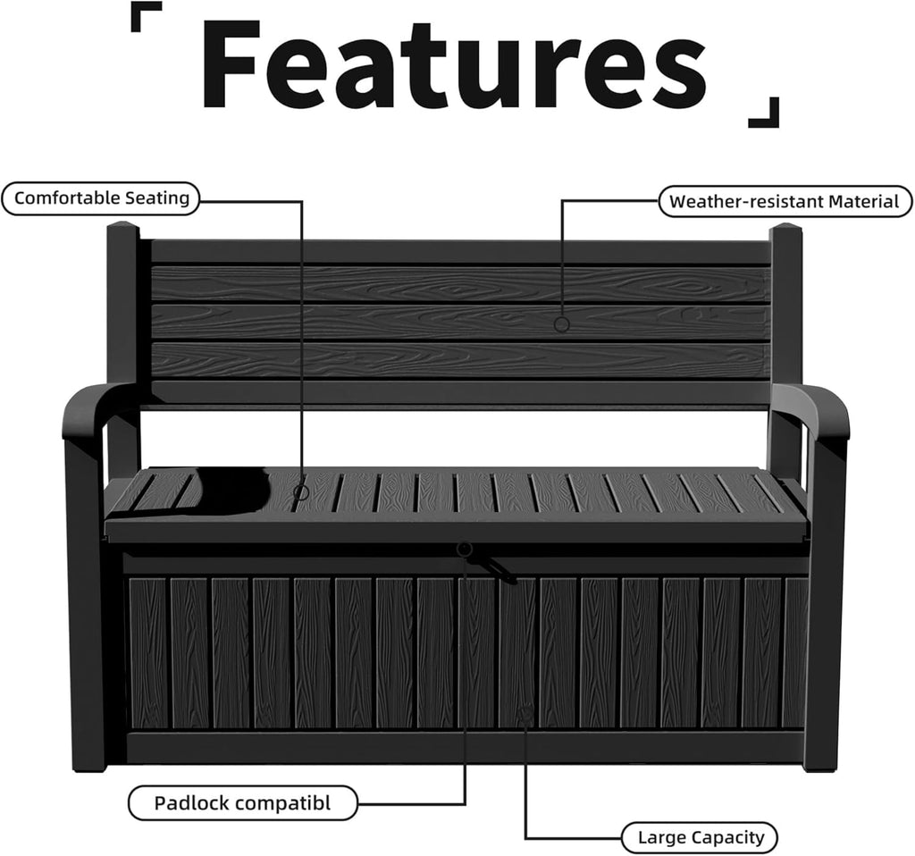 PatioZen 80 Gallon Outdoor Storage Bench Deck Box Waterproof Lockable,Outdoor Storage Furniture for Patio,Garden and Porch,Tools and Cushions（ Black Stripe）