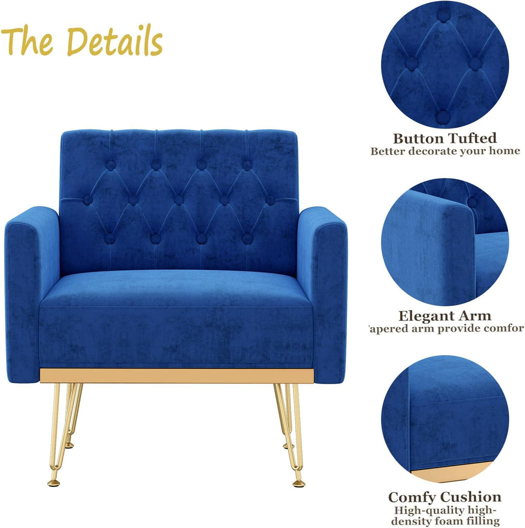 Olela Accent Chair with Arm for Living Room, Velvet Modern Armchair Single Sofa Cozy Tufted Upholstered Reading Side Chairs with Gold Metal Leg for Bedroom Decorate