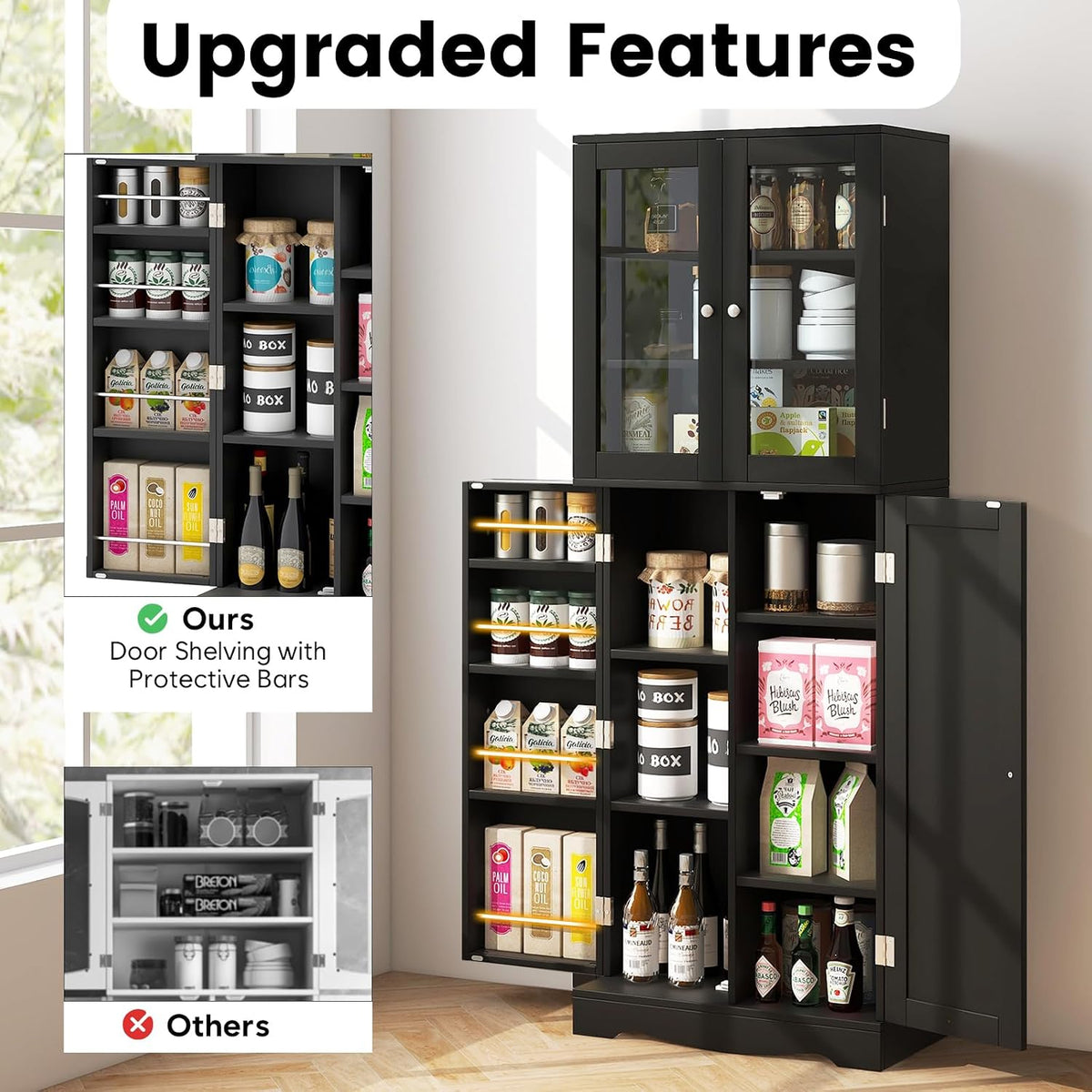 SlickBlue Tall Kitchen Pantry Cabinet with Tempered Glass Doors and Storage Shelves