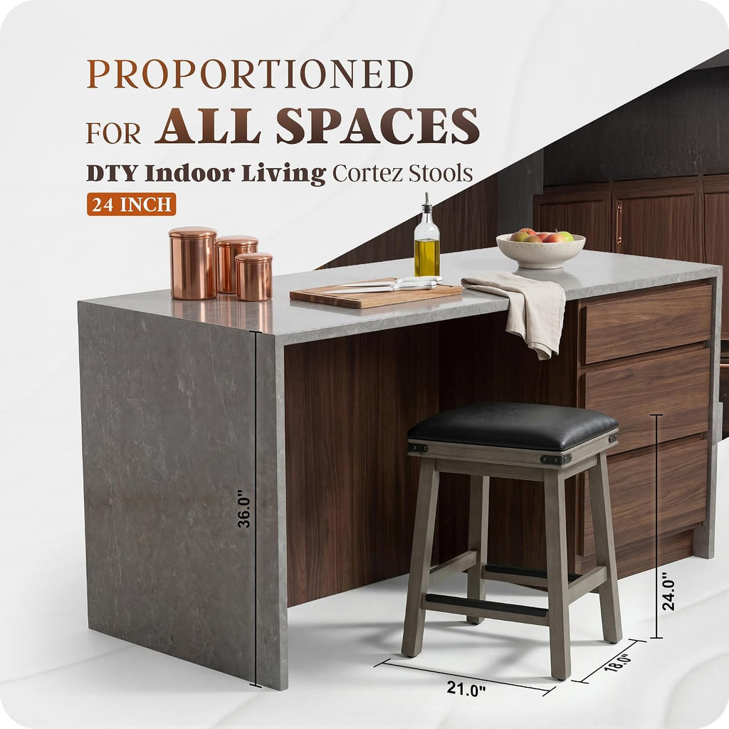 DTY Indoor Living Cortez Bonded Leather Stool, Weathered Gray Finish, 24" Counter Height, Black Leather Seat, Set of 2