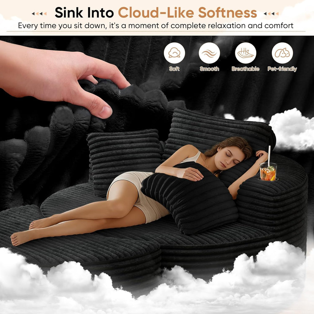 Oversized Round Chaise Longue Chair with Ottoman, Modern Corduroy Deep Seat Circle Single Cloud Floor Accent Chair w/Cup Holders for Living Room, Bedroom Apartment, 55" W * 74.6" D, Black