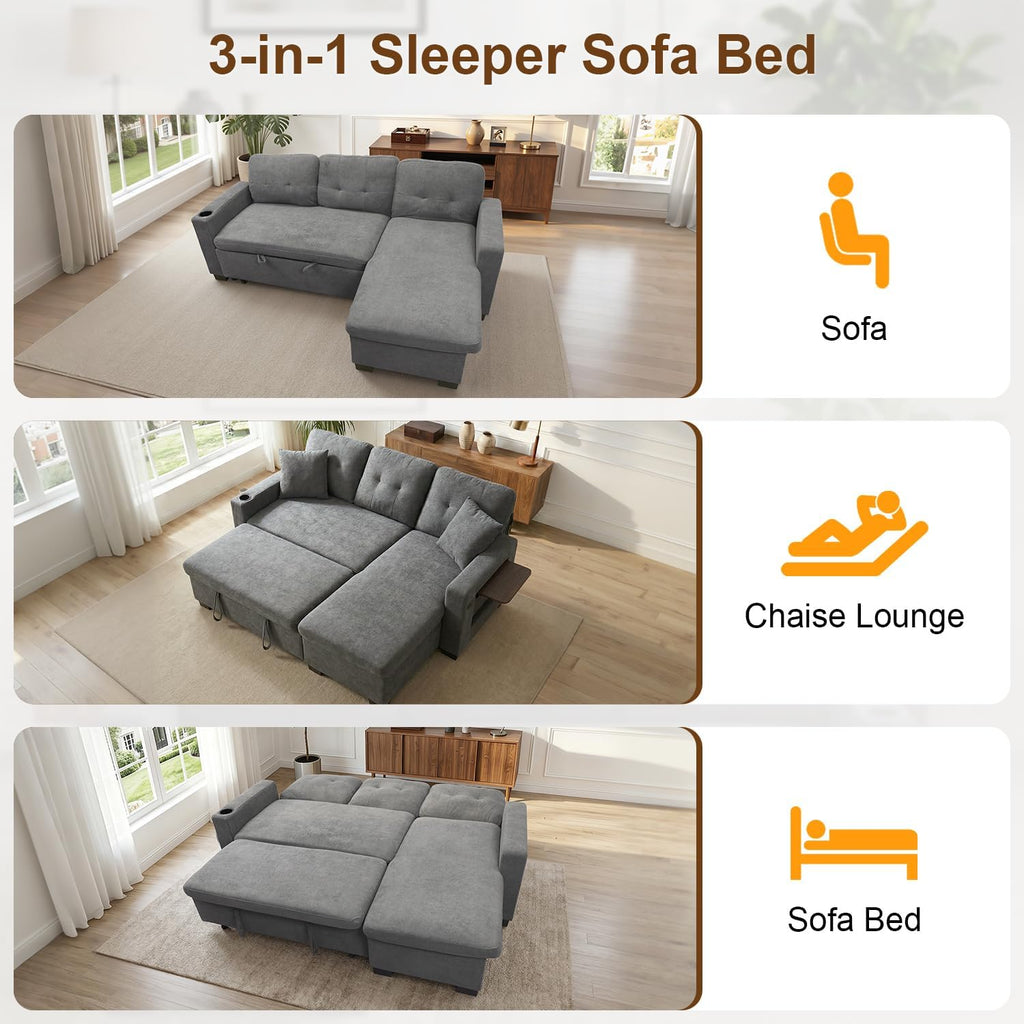 82" L Shaped Sleeper Sofa Bed, Pull Out Sectional Couch with Storage Chaise/Reclining Backrest, Sectional Couches for Living Room with USB Port, Foldable Table, Cup Holder, Side Pocket, Light Grey