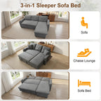82" L Shaped Sleeper Sofa Bed, Pull Out Sectional Couch with Storage Chaise/Reclining Backrest, Sectional Couches for Living Room with USB Port, Foldable Table, Cup Holder, Side Pocket, Light Grey