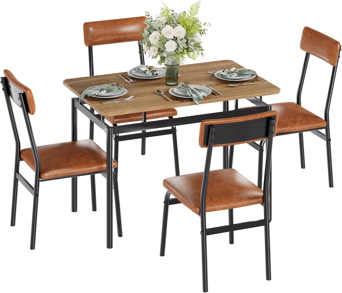 Garvee Dining Table Set for 4, 5 Piece Wooden Dining Table and Chairs, 4 PU Upholstered Chair, Modern Metal Frame Dinette Set for Dining Room, Home Dinner, Party, Apartment, Brown