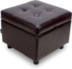 H&B Luxuries Tufted Leather Square Flip Top Storage Ottoman Cube Foot Rest (Brown with Storage)