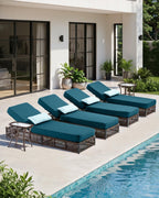 Luxury Outdoor Chaise Lounges with 5 Inch Thickened Cushions - Set of 2 High Back Brown Wicker Patio Recliners Rattan Reclining Chairs Porch Poolside Pool Sunbathing Lounger - Peacock Blue