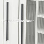 JOYSOURCE Kitchen Hutch Cabinet with 5-Tier Pull-Out Storage Shelves Tall Kitchen Pantry Wine Cabinet Slim Liquor Cabinet with Reeded Glass Door Bottle Dividers & Stemware Rack White