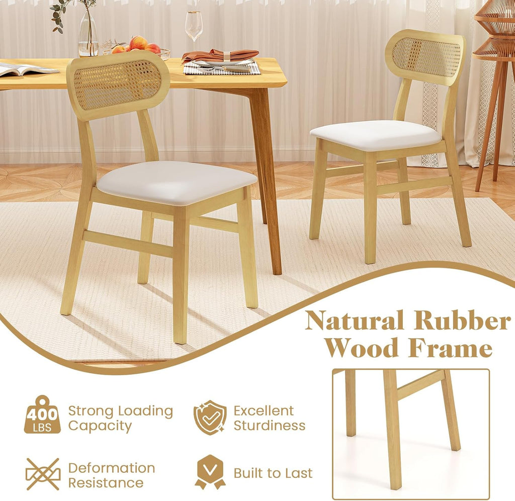 Giantex Wooden Dining Chairs Set of 2, Faux Leather Upholstered Kitchen Chairs w/Breathable Mesh Cane Backrest, Rubber Wood Frame, Padded Seat, Farmhouse Armless Dining Room Chair, Natural
