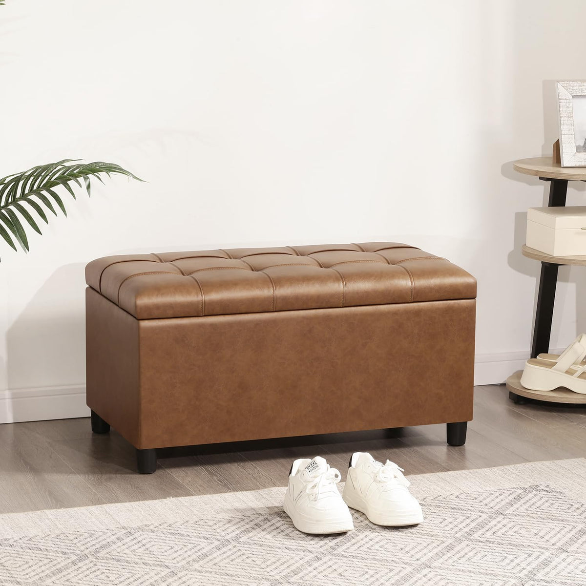 Joveco Storage Ottoman Bench, 32 Inches Faux Leather Rectangle Tufted Foot Stool for End Foot of Bed, Bedroom, Living Room,Warm Golden Brown