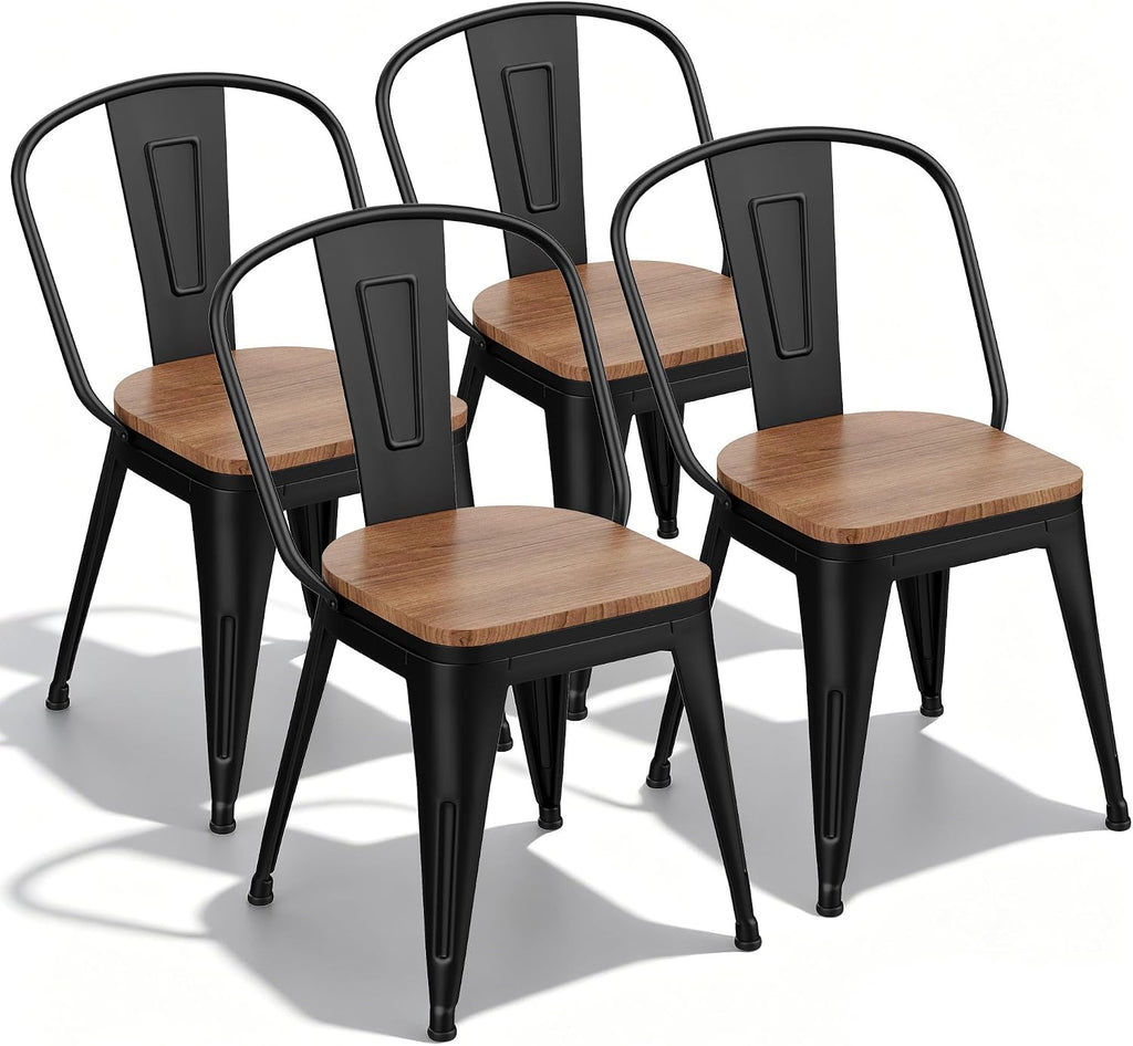 18 Inch Metal Dining Chairs Set of 4 Farmhouse Kitchen Chairs with Wooden Seat and Metal Backrest Stackable Black Dining Room Seating