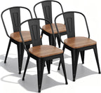 18 Inch Metal Dining Chairs Set of 4 Farmhouse Kitchen Chairs with Wooden Seat and Metal Backrest Stackable Black Dining Room Seating