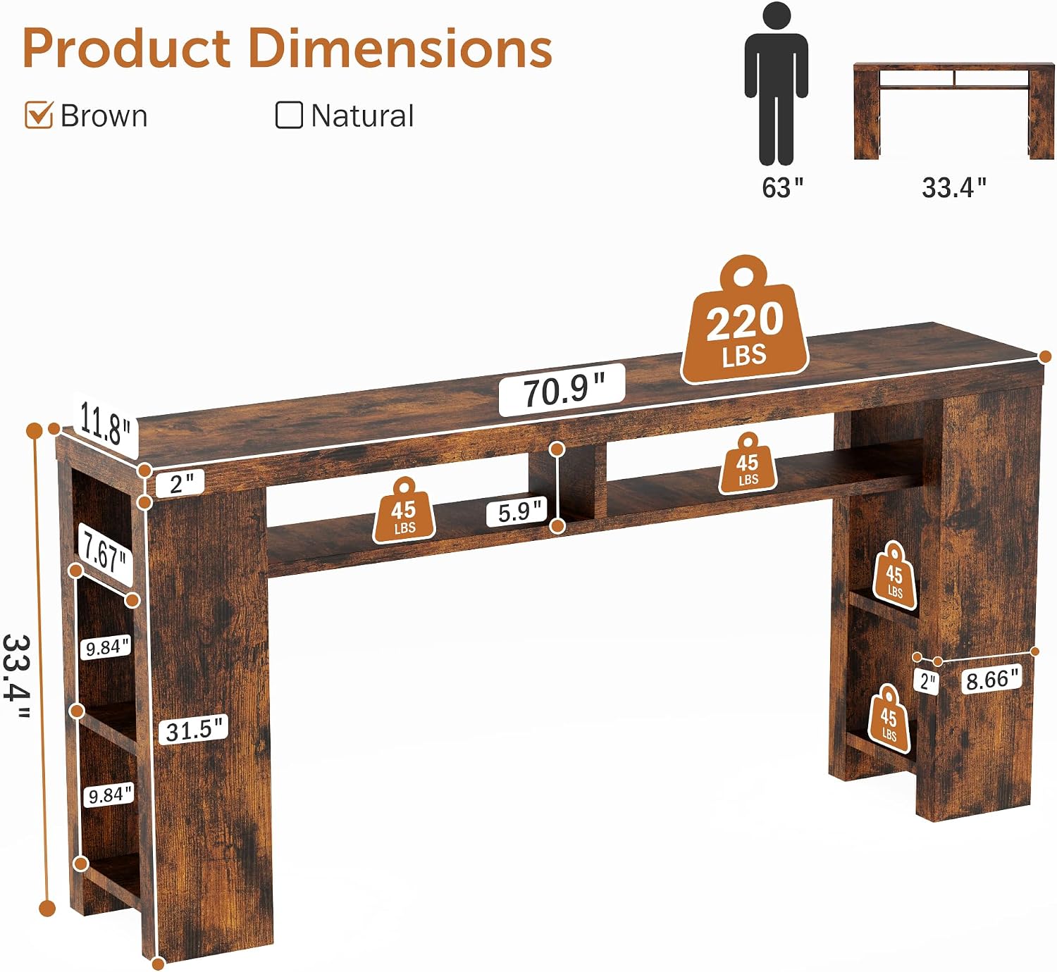 70.8" Extra Long Console Table with Outlets & USB Ports,Farmhouse Sofa Table with Storage Shelves for Behind Couch, Living Room, Entryway, Hallway, Brown