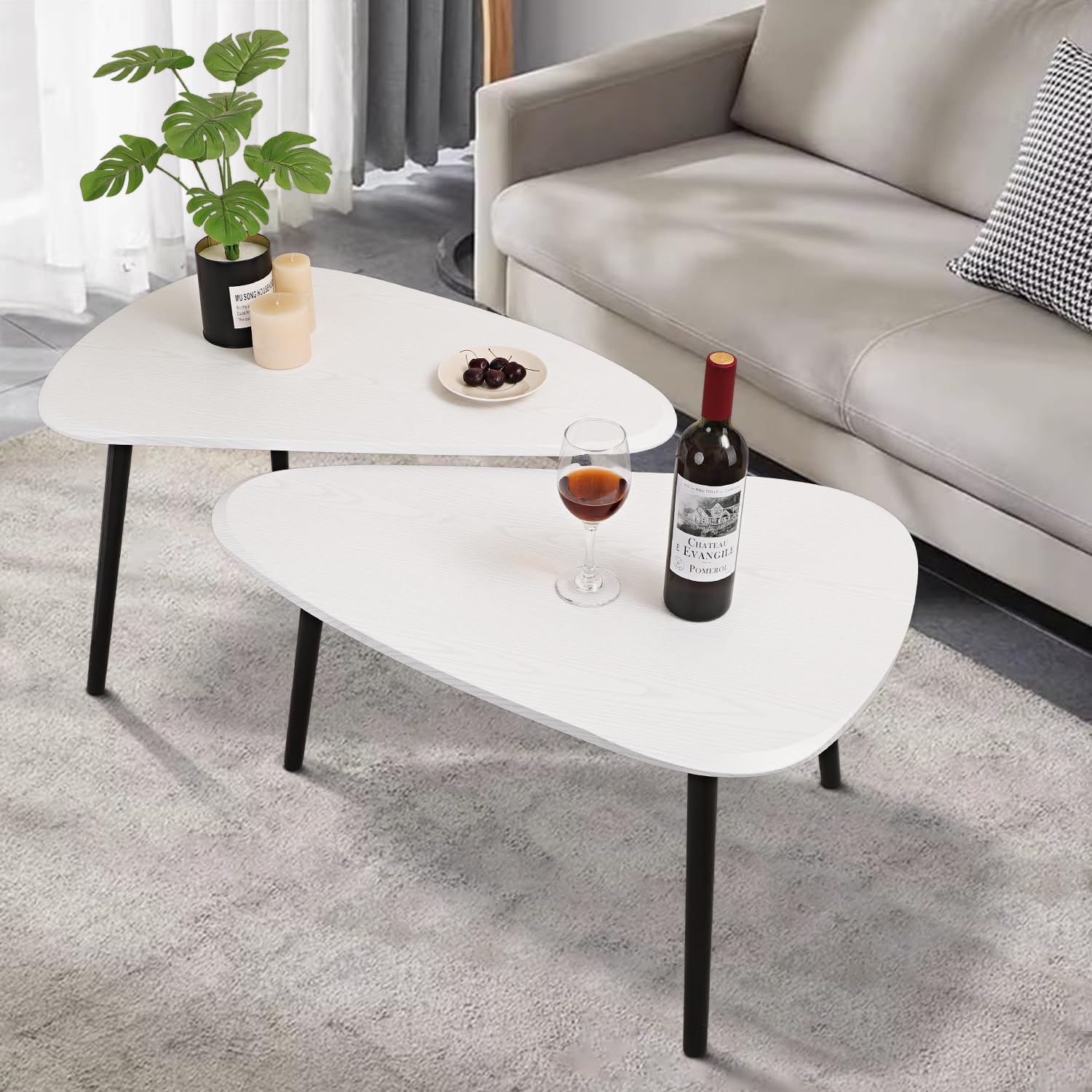 Nesting Triangle Coffee Table End Tables Set of 2 for Living Room Bedroom, Industrial Small Stacking Side Tables for Couch, White