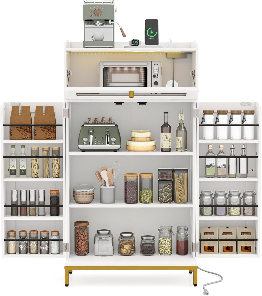 LOKO Kitchen Pantry Cabinet, Freestanding Food Storage Cupboard with Power Outlet & APP Control LED Lights, Modern Buffet Sideboard with Acrylic Flip Door & Shelves for Dining Room, White and Gold