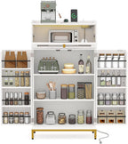 LOKO Kitchen Pantry Cabinet, Freestanding Food Storage Cupboard with Power Outlet & APP Control LED Lights, Modern Buffet Sideboard with Acrylic Flip Door & Shelves for Dining Room, White and Gold
