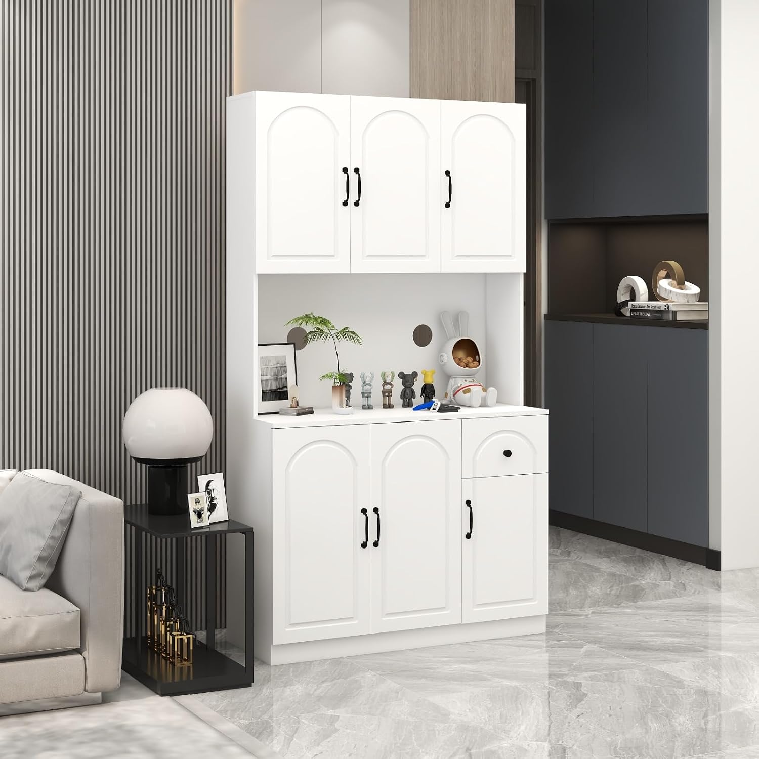 White 71" Kitchen Pantry Storage Cabinet, Freestanding Floor Hutch Cabinet with 6 Doors 1 Drawer, Storage Organizer for Kitchen Living Dining Room Food Cutlery Small Appliances