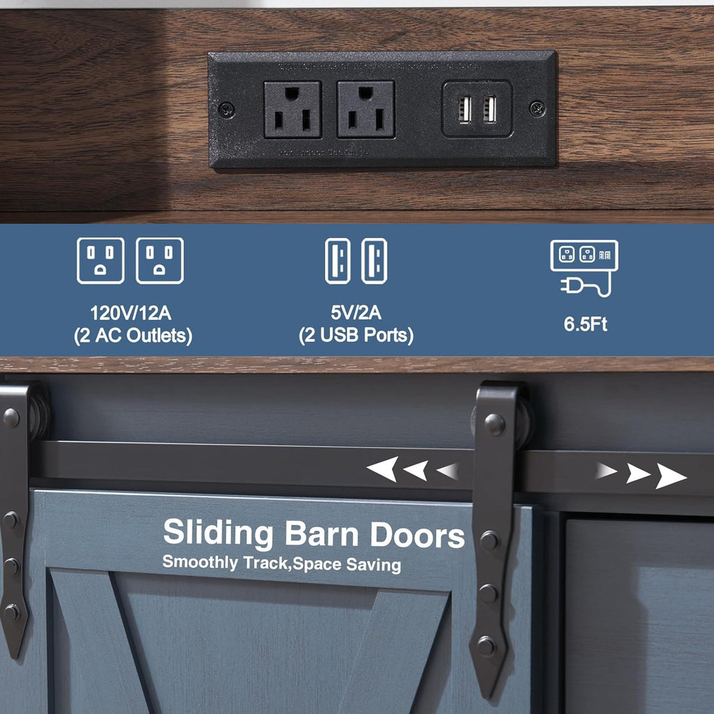 Wnutrees Farmhouse Coffee Bar Cabinet with Charging Station and USB Ports,Sliding Barn Door,39" Kitchen Hutch Sideboard Buffet Storage Cabinet,Fits Kitchen Dining Living Room, Blue