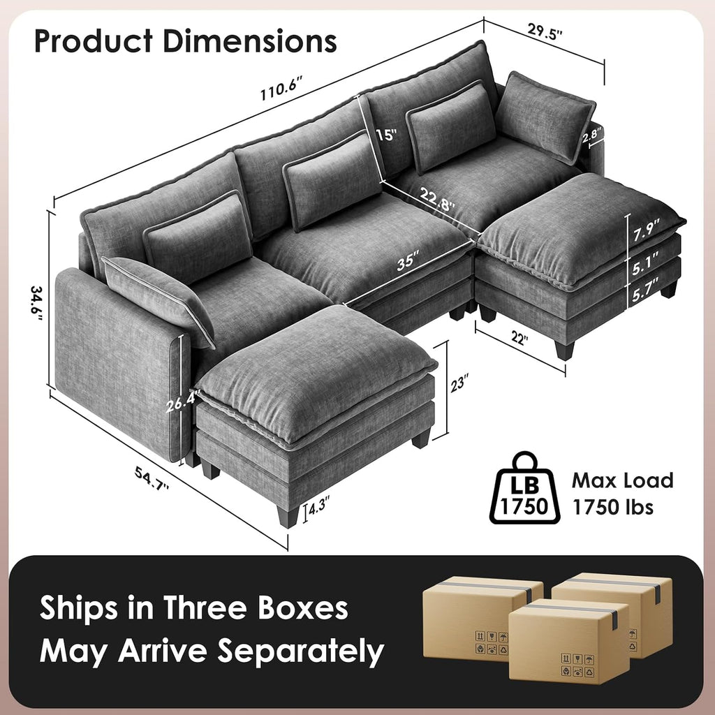 Marsail 110.6" Modular Sectional Sofa, 5-Seat Chenille Couch with Deep Seat, Ottoman & Throw Pillows, U-Shaped Couch for Living Room, Grey