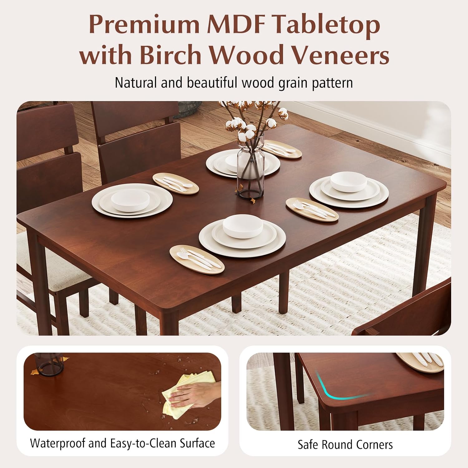 GOFLAME 5-Piece Dining Table Set for 4, Farmhouse Wooden Kitchen Table & 4 Upholstered Chairs with Padded Seat and Rubber Wood Legs, Space Saving Dinette Set for Dining Room, Restaurant, Small Space