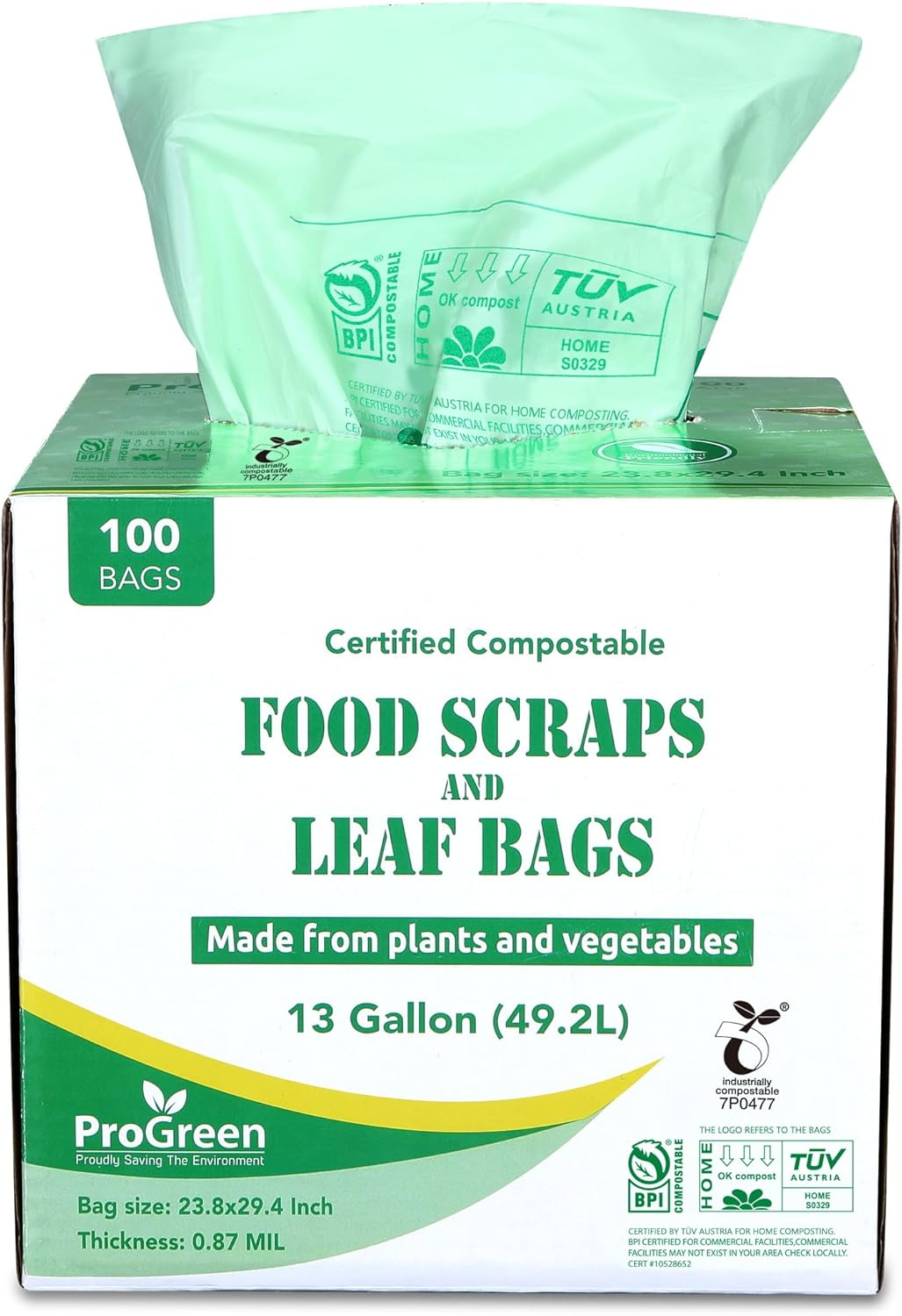 ProGreen Compostable Trash Bags, Extra Thick, Compost Kitchen Bin Bags, Food Scraps Yard Waste Bags, ASTM D6400 BPI and TÜV AUSTRIA Certified (13 Gallon, Pack of 100)