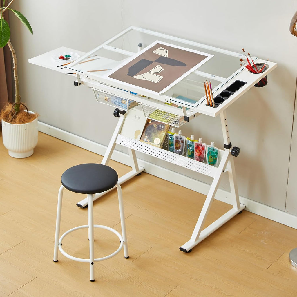 Drafting Table with Stool, Height Adjustable Art Desk with Tilting Tempered Glass Tabletop, Expansion Board, and Multi-Storage, Drawing Table for Studio, Artists, Home Office, Painters, White