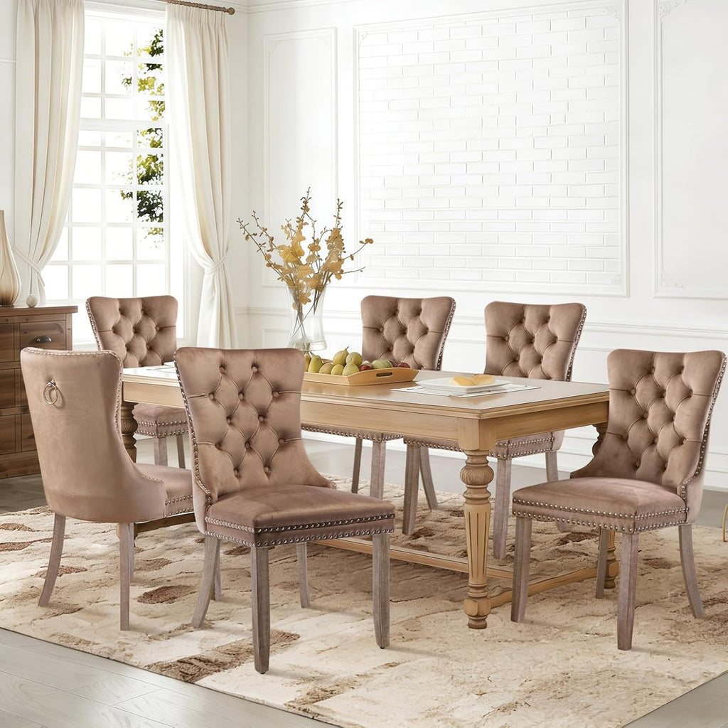 SoarFlash Velvet Dining Chairs Set of 4, Tall Back Side Chair, Modern Upholstered High-end Tufted Side Chair with Button Back Ring, Solid Wood Legs (Khaki)