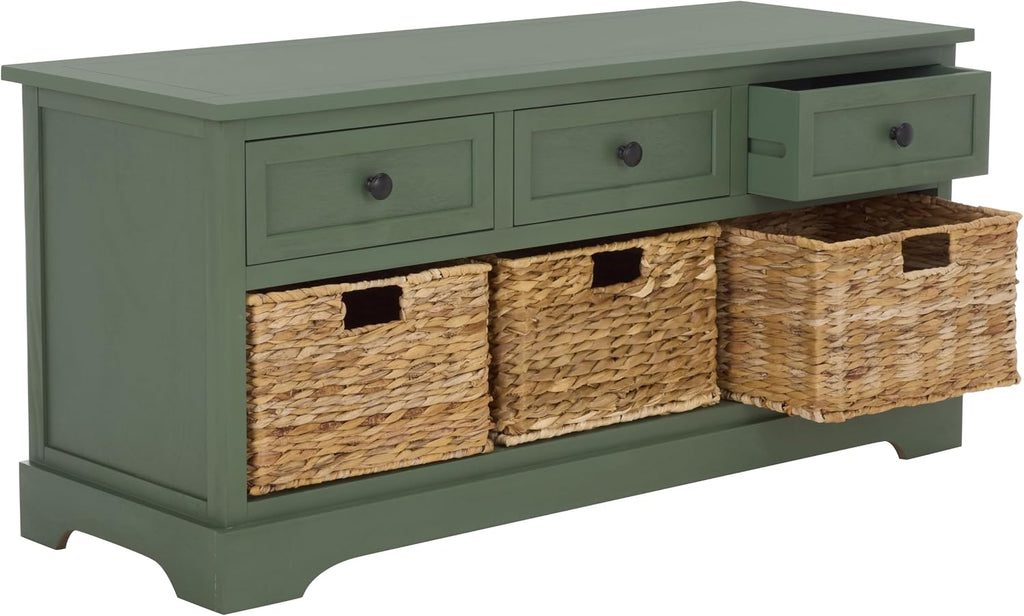 SAFAVIEH Home Collection – Damien Dusty Green 6-Drawer Storage Bench, Mixed-Material Cottage Design, Fully Assembled (AMH5701J)