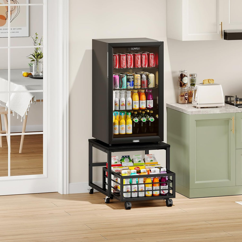 HOOBRO End Table, Mini Fridge Stand with Storage, Mini Fridge Table with Wheels and Adjustable Feet, Sturdy Metal Frame, for Living Room, Bedroom, Office, Black BB155TL01