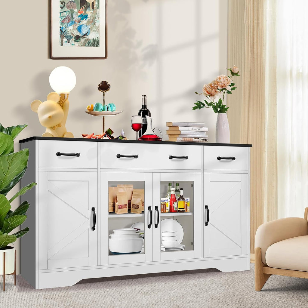 Homdox 55" Buffet Cabinet with Storage, Modern Farmhouse Sideboard with Adjustable Shelves and Glass Doors, Large Wood Coffee Bar Cabinet for Kitchen, Living Room, White