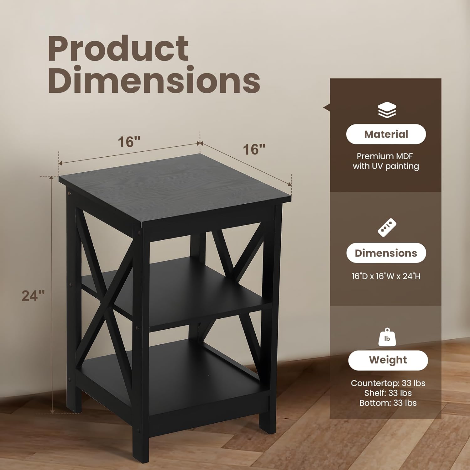 PHI VILLA Black End Table, Side Table for Living Room Set of 2, Nightstand/Bedside Table