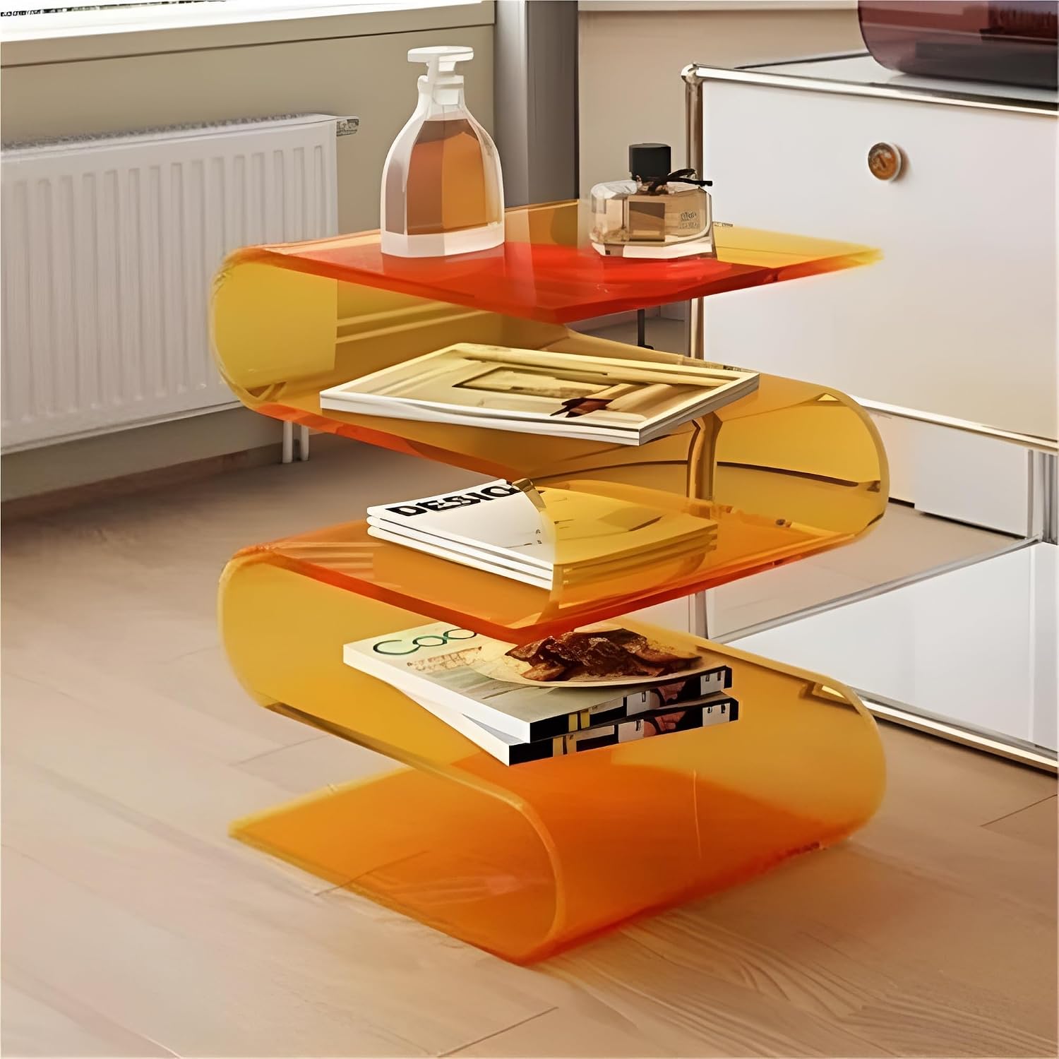 S Shaped Acrylic Side Table, Sleek Nightstand, Acrylic Coffee Table, Clear Bedside Table, Magazine Bookshelf, End Table for Living Room, Bedroom, Study, Patio(Orange)