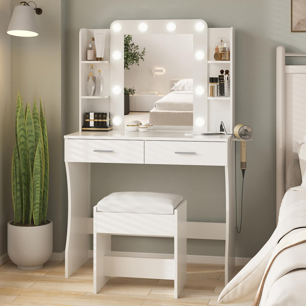 Vabches White Makeup Vanity Desk with Lighted Mirror & Charging Station | 2 Large Drawers，Vanity Mirror 3 Lighting Color Adjustable,Cushioned Stool,Storage Drawers and Shelves