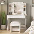 Vabches White Makeup Vanity Desk with Lighted Mirror & Charging Station | 2 Large Drawers，Vanity Mirror 3 Lighting Color Adjustable,Cushioned Stool,Storage Drawers and Shelves