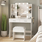 Vabches White Makeup Vanity Desk with Lighted Mirror & Charging Station | 2 Large Drawers，Vanity Mirror 3 Lighting Color Adjustable,Cushioned Stool,Storage Drawers and Shelves