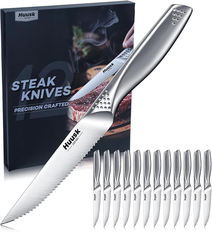 Huusk Serrated Steak Knives Set, 4.5" Japanese Stainless Steel Steak Knives Set of 12, Sharp Dishwasher Safe Dinner Knife for Kitchen Table, Gifts for Men